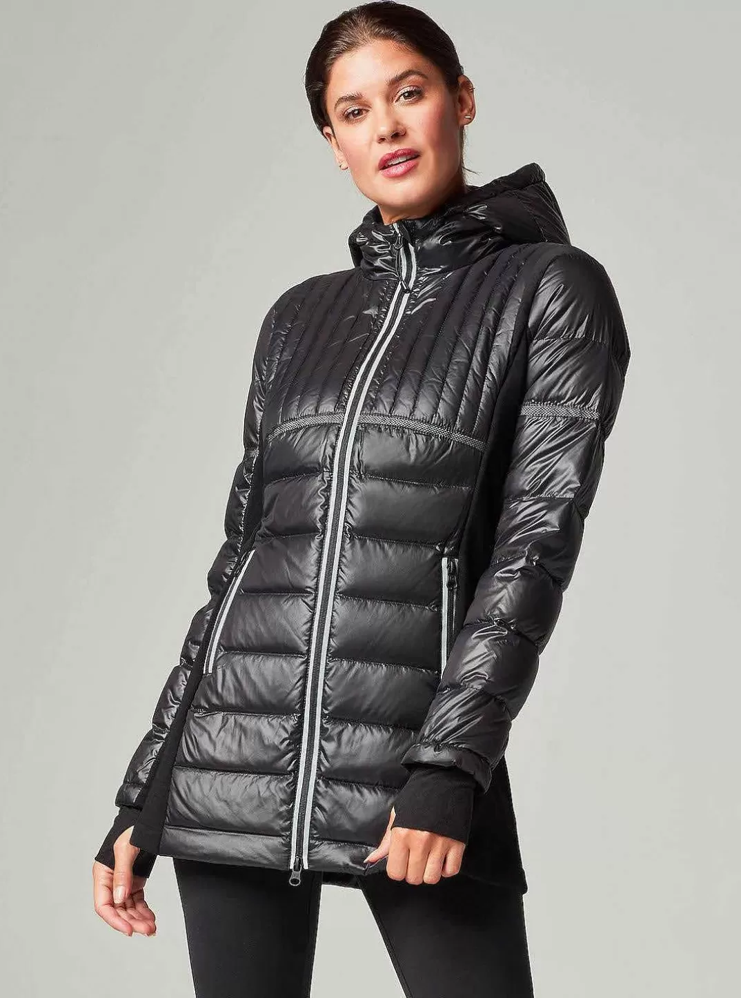 Blanc Noir Parka Poids Plume A Empiecement Reflechissant^Femmes Doudounes Et Manteaux