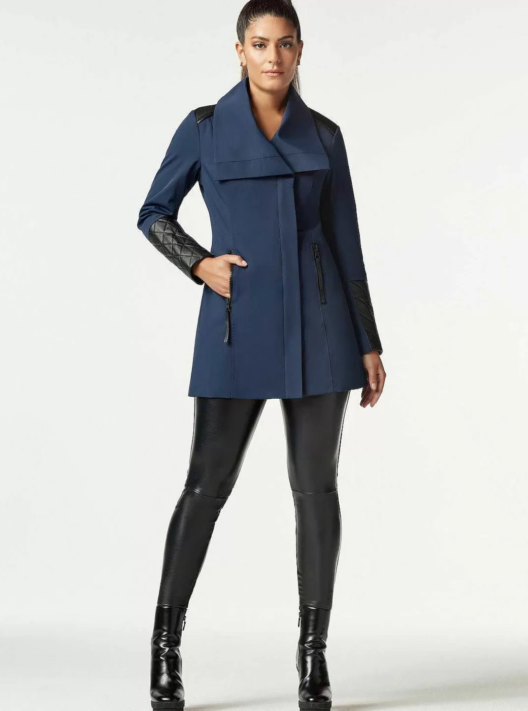 Blanc Noir Trench Matelasse Avec Fermeture Eclair Au Dos Socialite^Femmes Bleu Marine