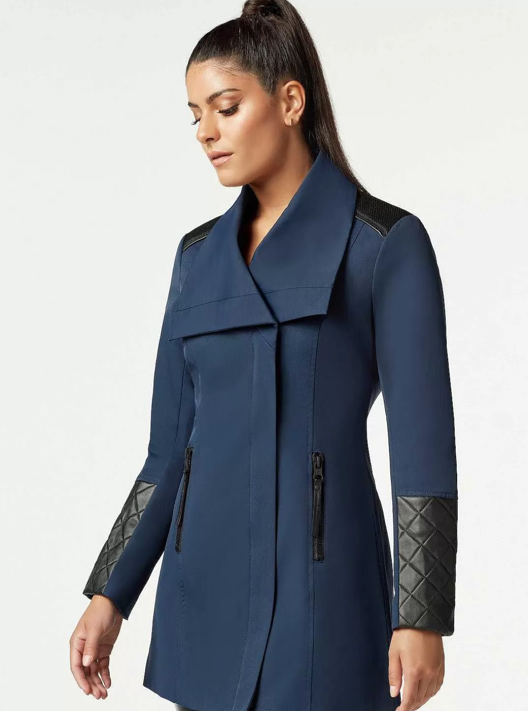 Blanc Noir Trench Matelasse Avec Fermeture Eclair Au Dos Socialite^Femmes Bleu Marine