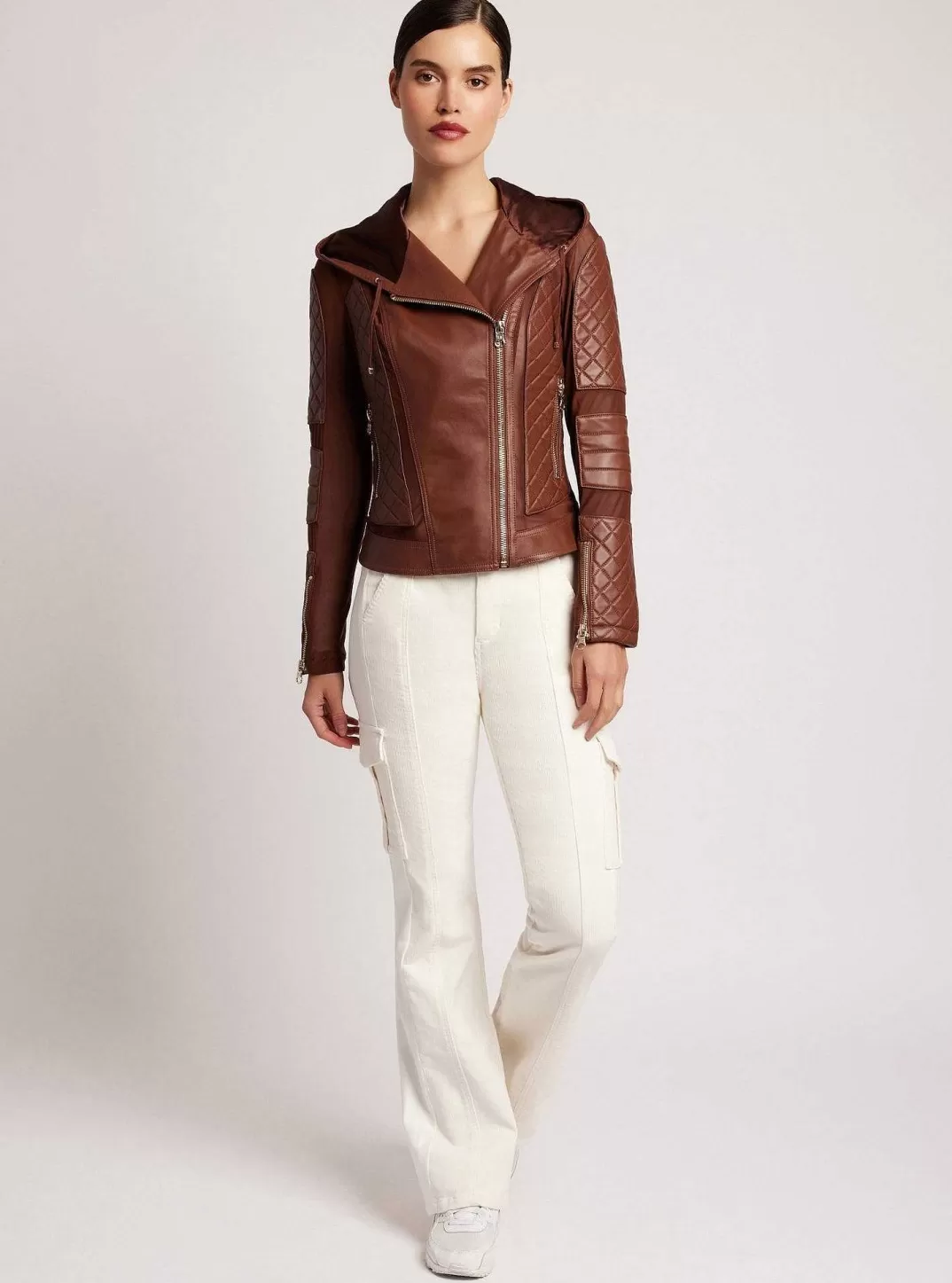 Blanc Noir Veste De Moto A Capuche Voyage, Bordures Dorees^Femmes Motos