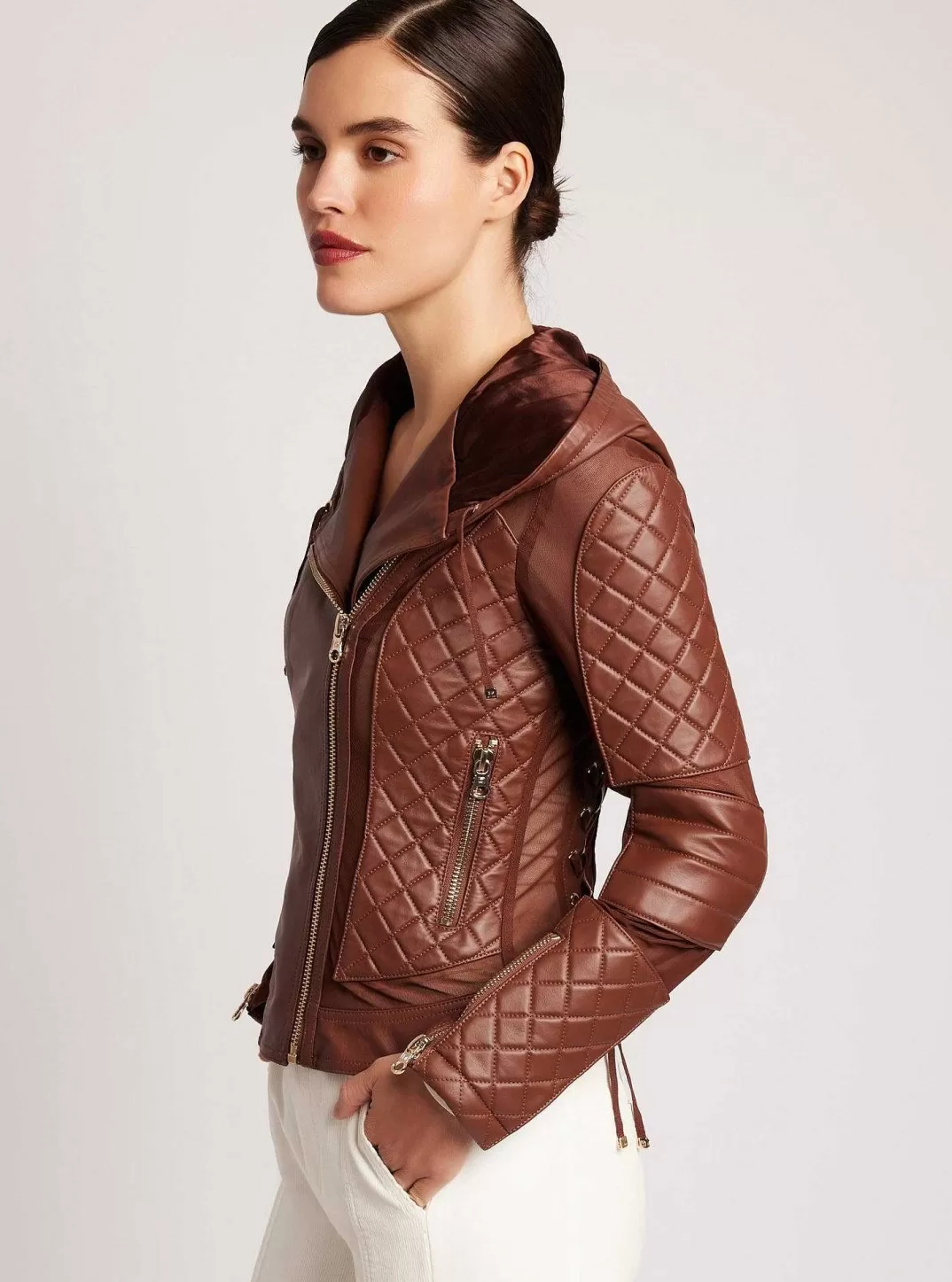 Blanc Noir Veste De Moto A Capuche Voyage, Bordures Dorees^Femmes Motos