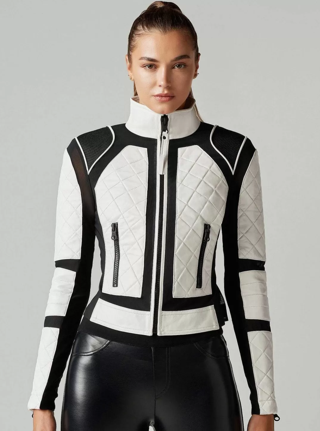 Blanc Noir Veste De Moto Color Block Noir Et Blanc^Femmes Motos