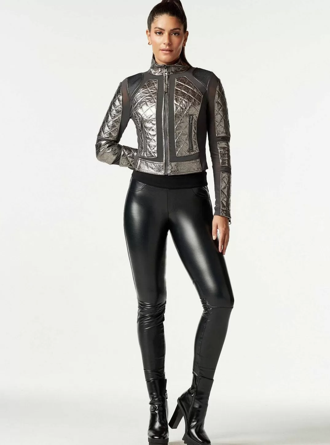 Blanc Noir Veste De Moto En Maille Metallisee^Femmes Motos