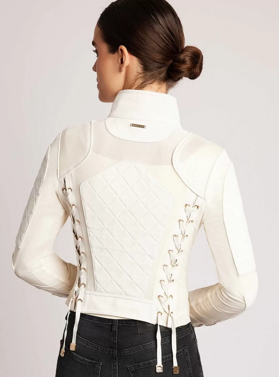 Blanc Noir Veste De Moto En Maille Suedee Avec Bordures Dorees^Femmes Motos