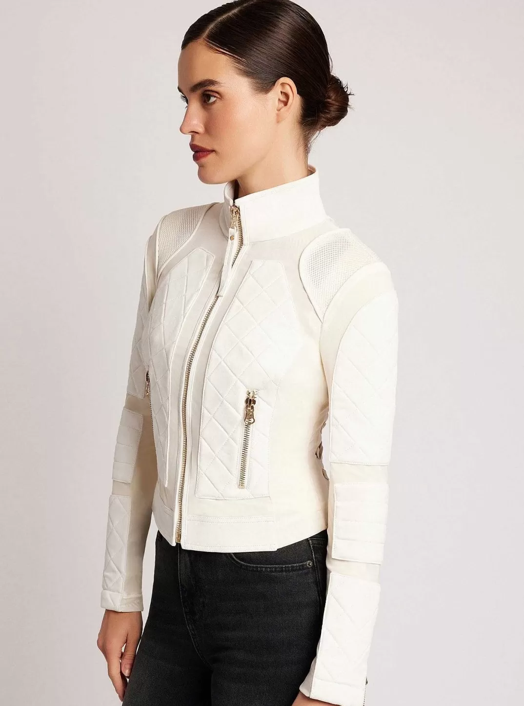 Blanc Noir Veste De Moto En Maille Suedee Avec Bordures Dorees^Femmes Motos