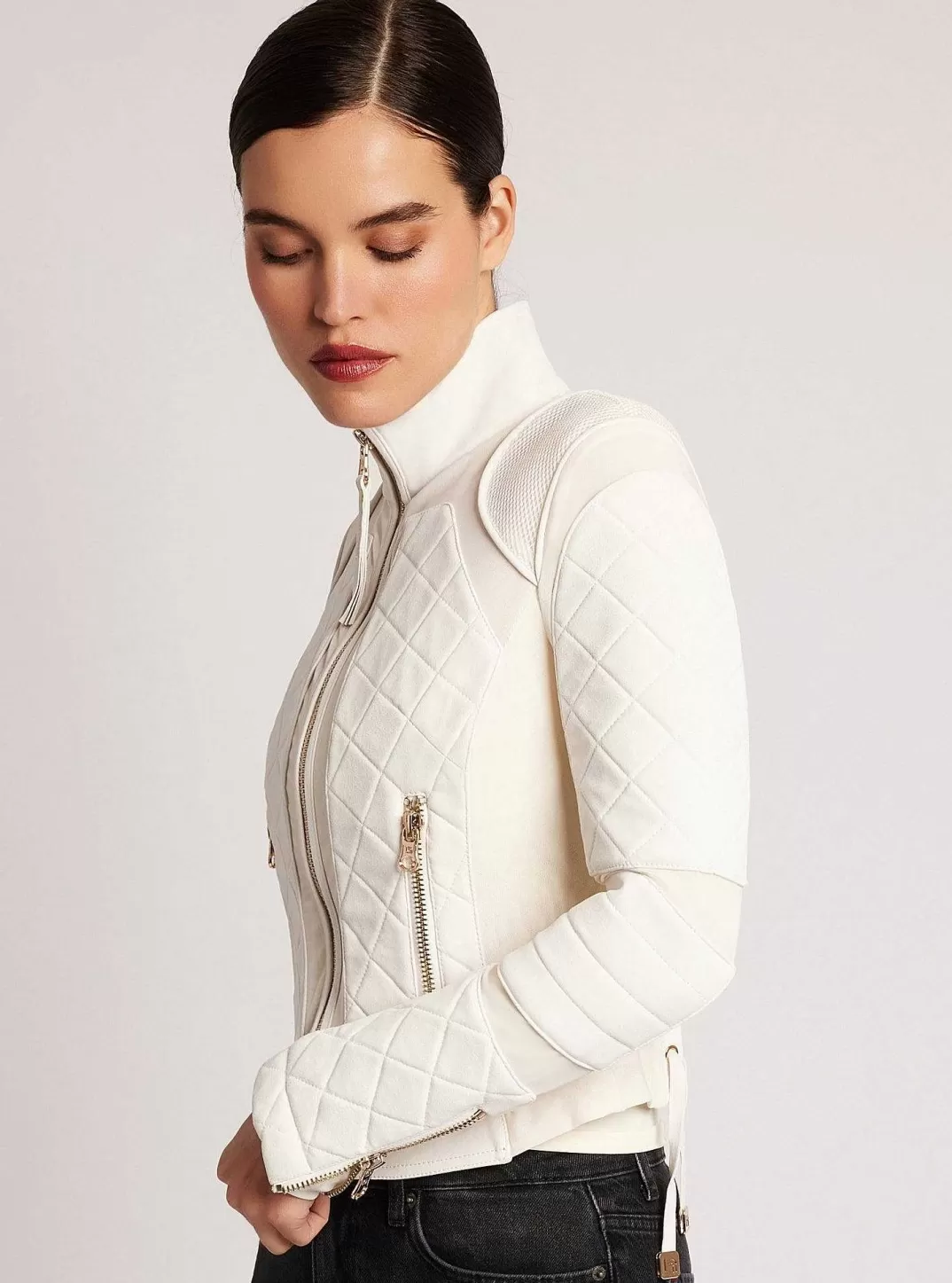 Blanc Noir Veste De Moto En Maille Suedee Avec Bordures Dorees^Femmes Motos